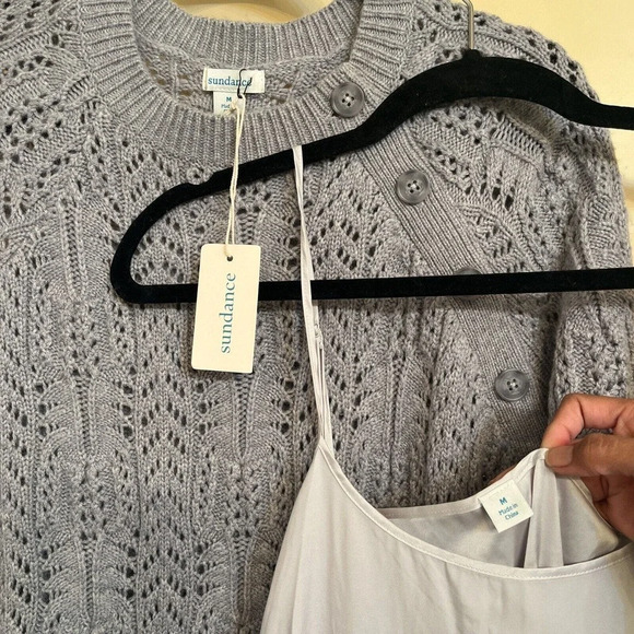 SUNDANCE Leah Mae Sweater Dress Size M Pointelle Knit Gray Long Sleeve - Picture 3 of 11
